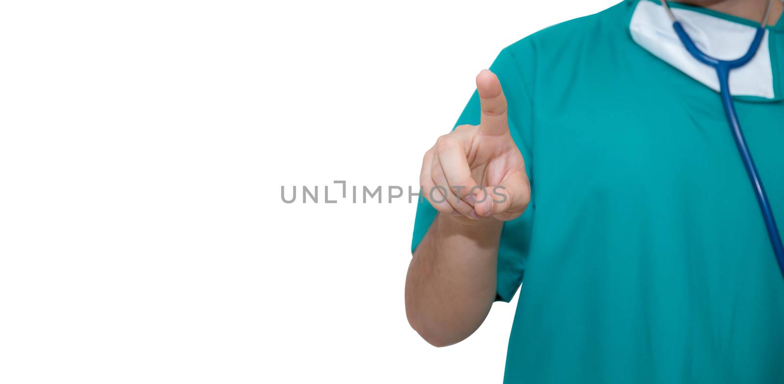 Doctor man pointing on something -  isolated on white background.