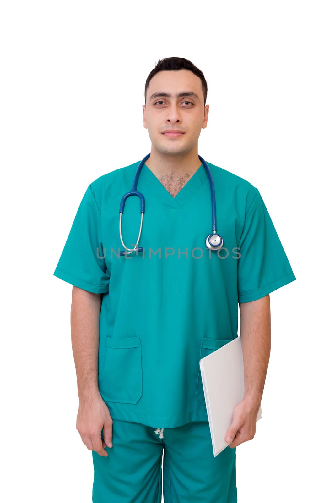 Doctor with stethoscope and holding file isolated on white background