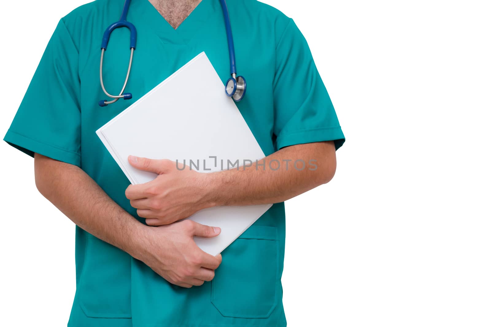 Doctor with stethoscope and holding file isolated on white background.