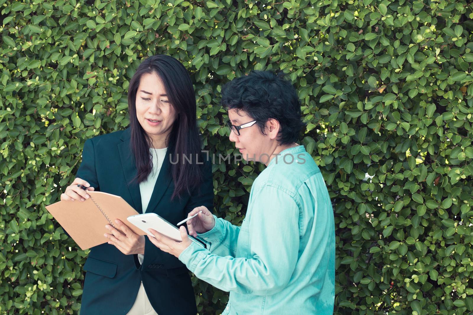 Business two people looking information on tablet corporate digital device connection network concept on tree wall.