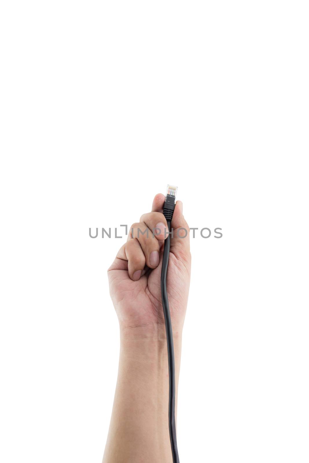 A LAN connector in hand isolated on white background.