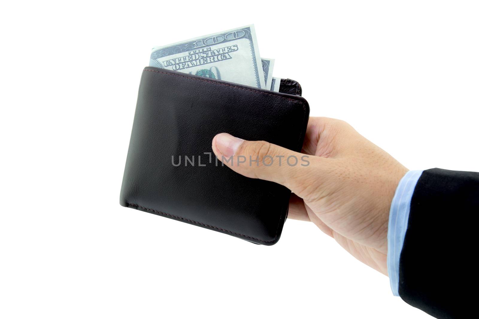 Male hand holding wallet isolated over white background with clipping path.