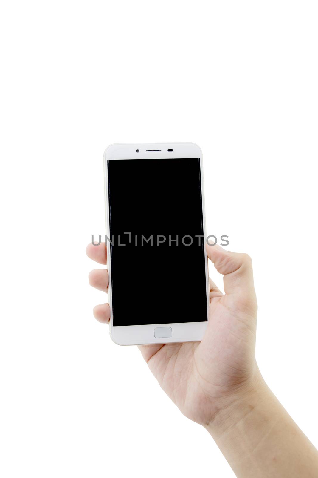 hand holding white phone isolated on white background - clipping path.