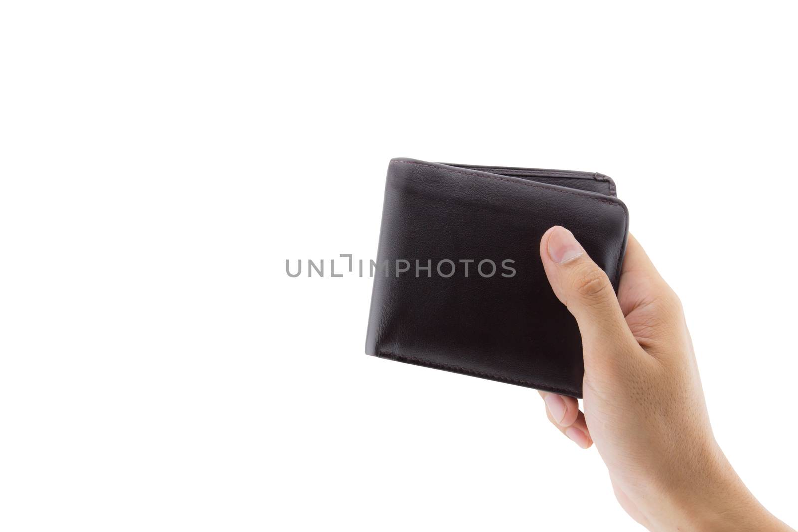 Male hand holding wallet isolated over white background with clipping path.