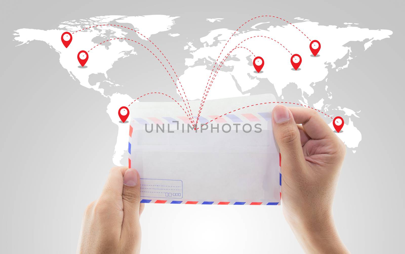 man holding envelope and email with world social media network connection, Elements of this image furnished by NASA.