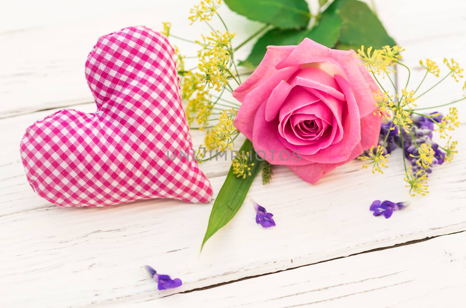 Romantic bunch of flowers with rose and heart for Valentine's day or other celebration