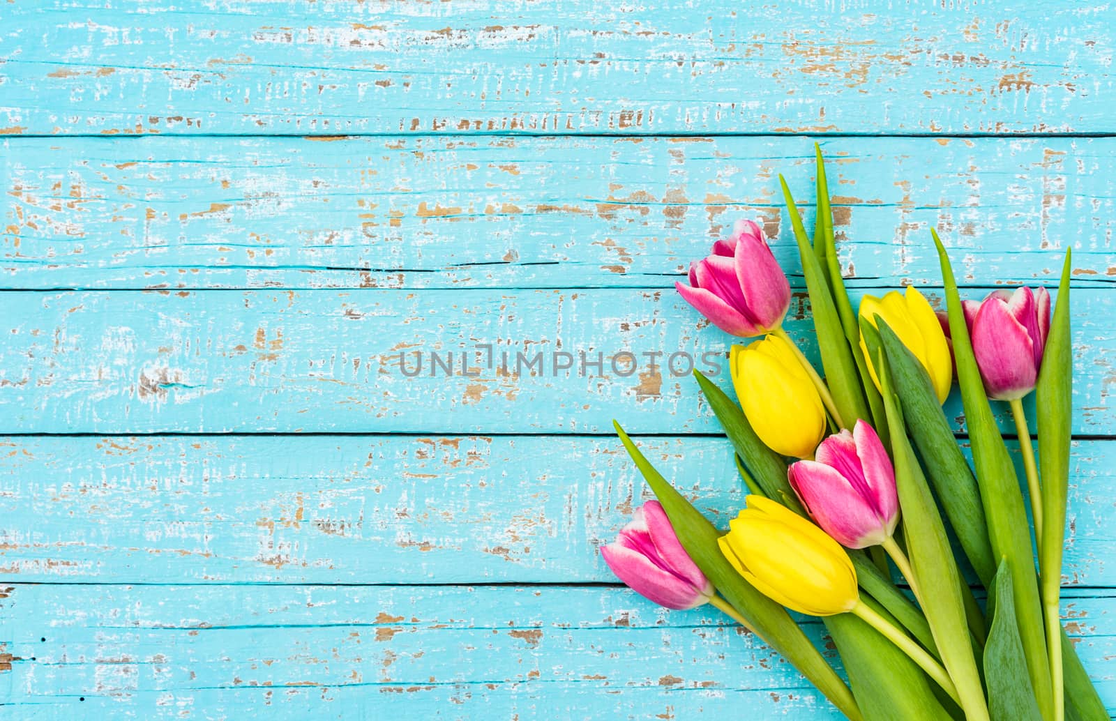 Bouquet of tulips on turquoise wooden background with copy space