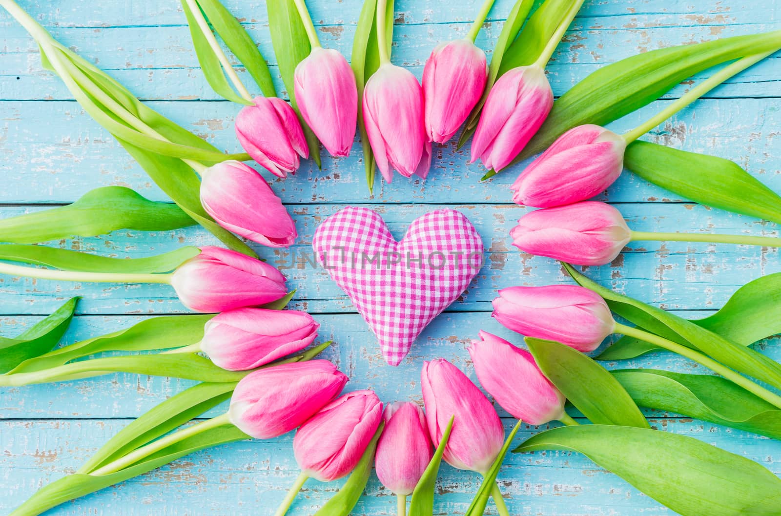 Pink heart and tulip flowers on blue wood background for Mother's day