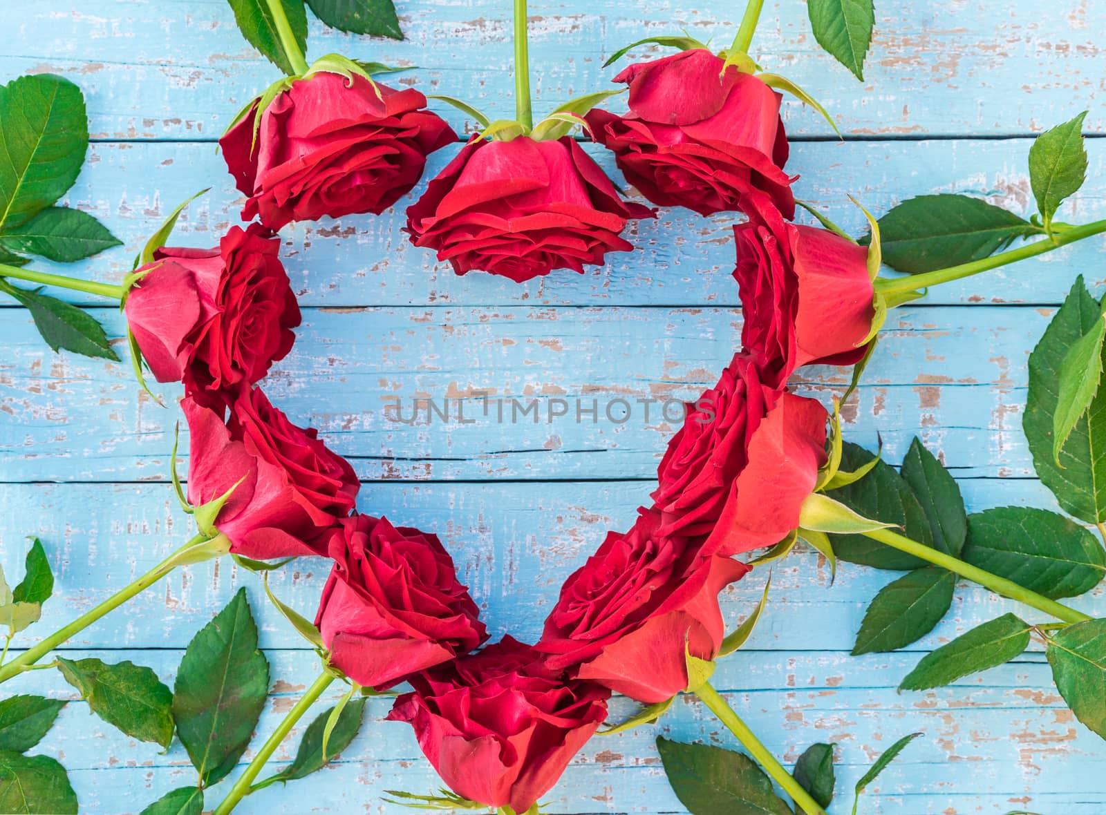 Flower heart shape of red roses on blue wooden background