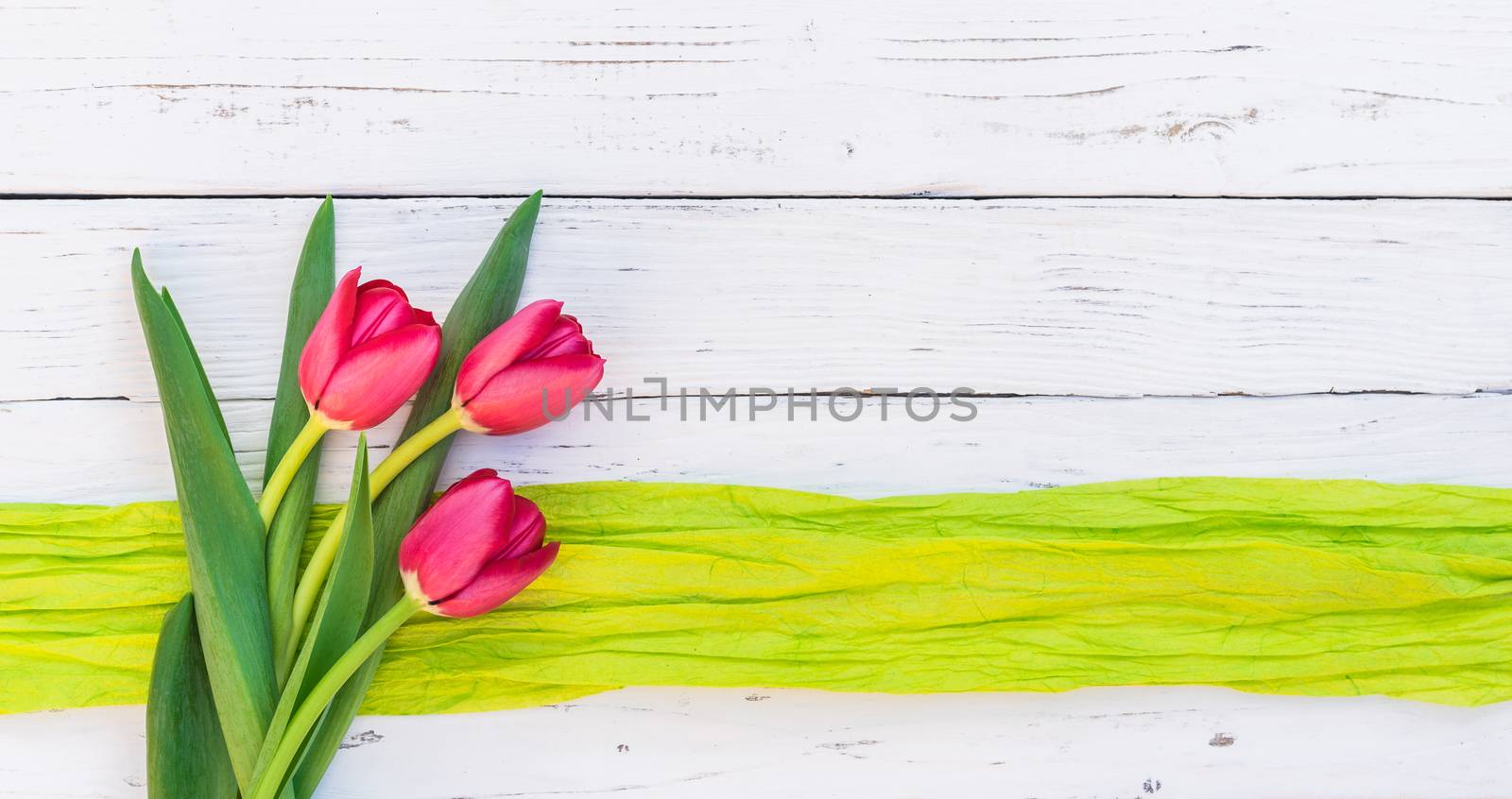 Red tulips spring flowers arrangement on white wooden background with copy space