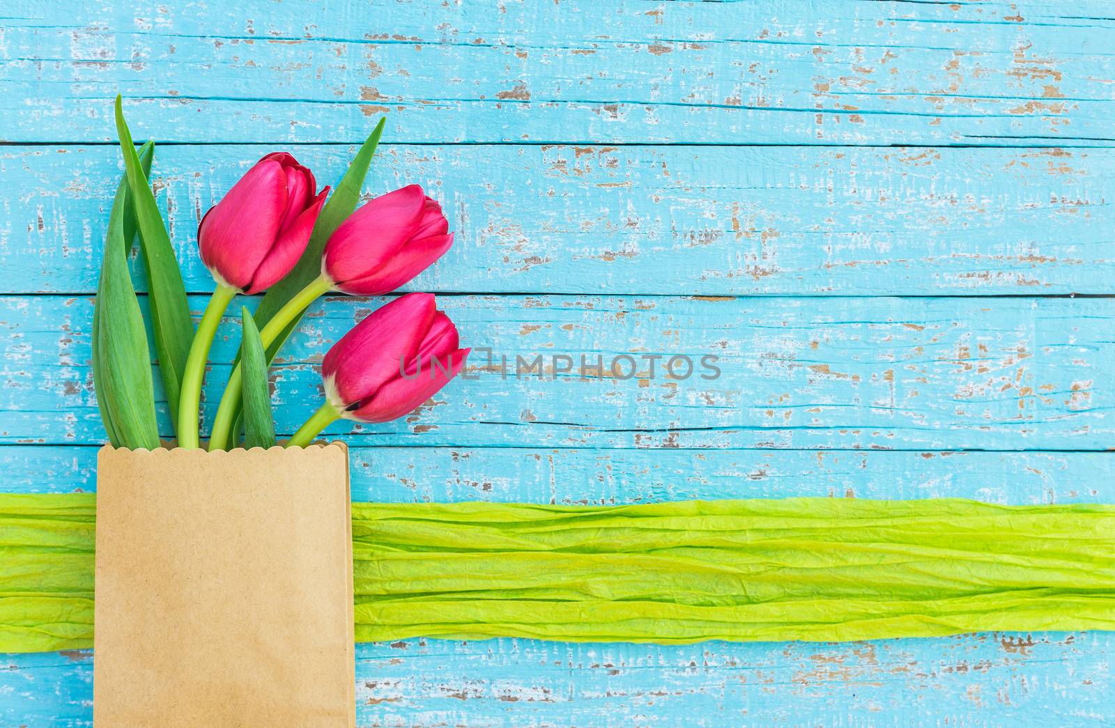 Red tulip flowers arrangement on blue wooden background with copy space