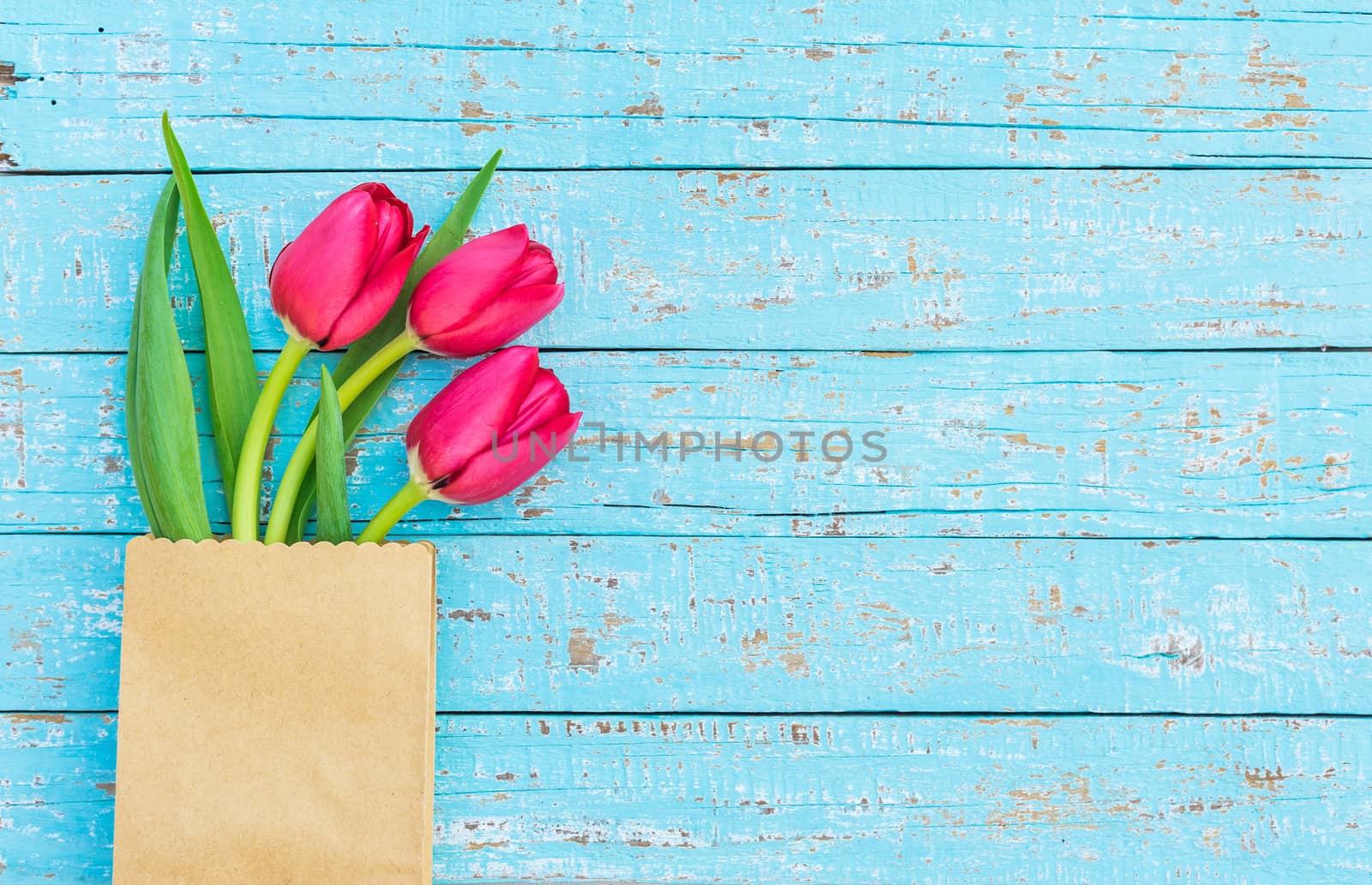 Beautiful red tulip spring flowers arrangement on blue wooden background
