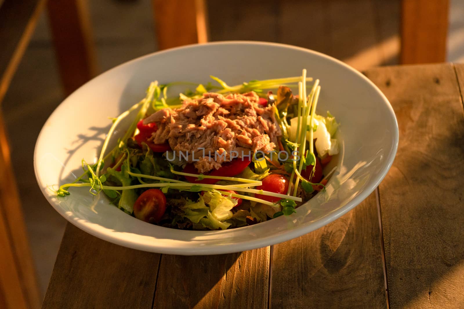 Restaurant serving food. Tuna salad in a plate on a table in a summer cafe by Try_my_best