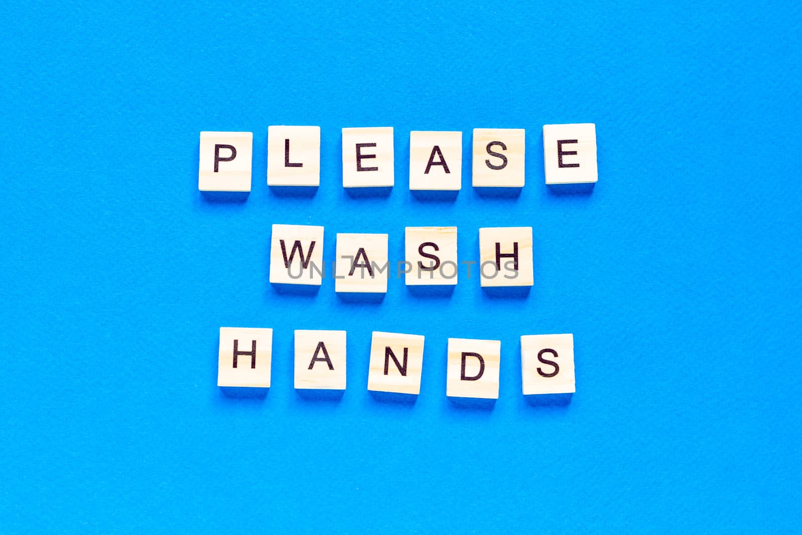 please wash your hands, written in wooden letters on a blue background, warning, request, top view, flat layout, by Pirlik