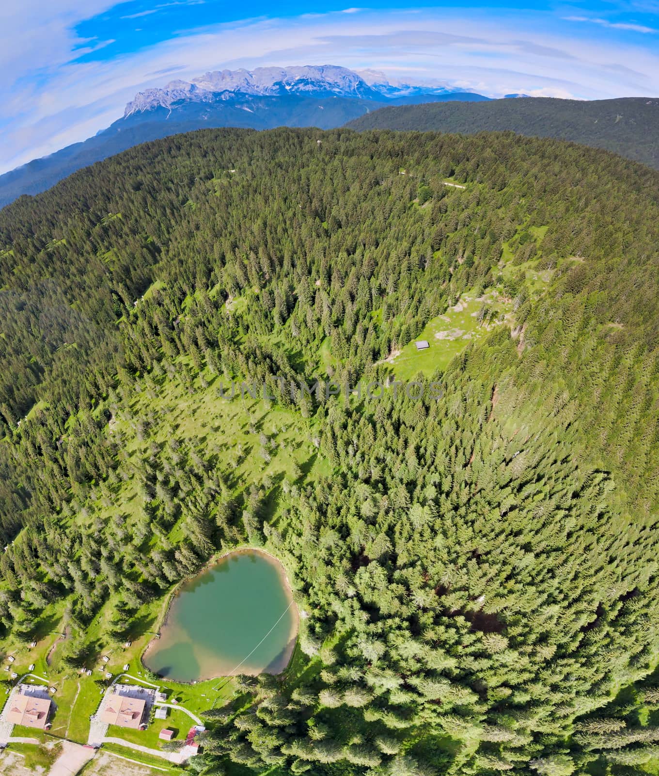 Alpin lake in summer time surrounded by beautiful forest, overhead downward aerial view.