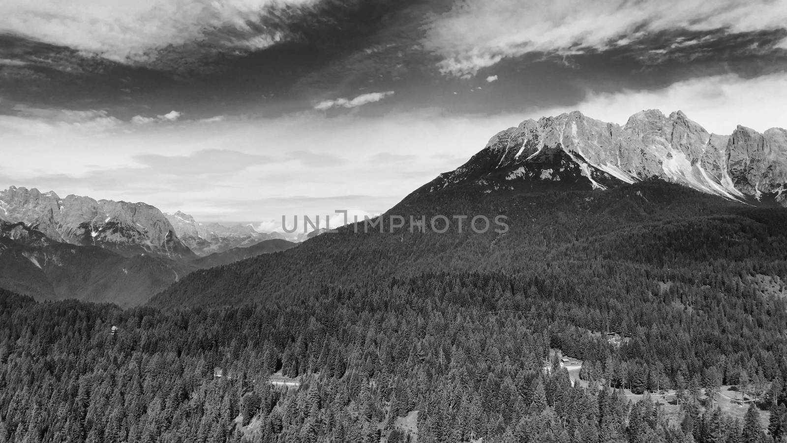 Alpin lake in summer time surrounded by beautiful forest, overhead downward aerial view.