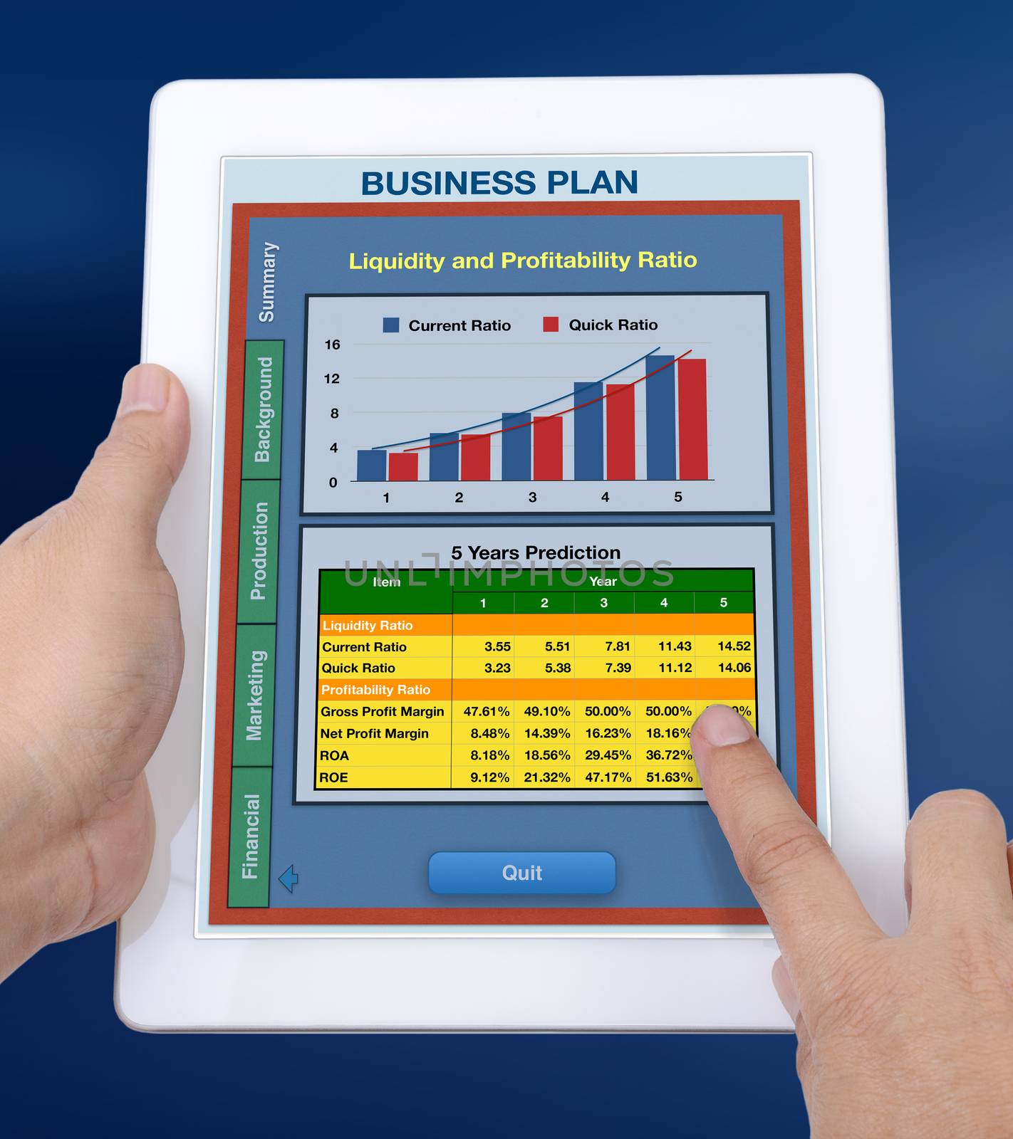 Someone holding digital tablet that show business plan showing on screen.