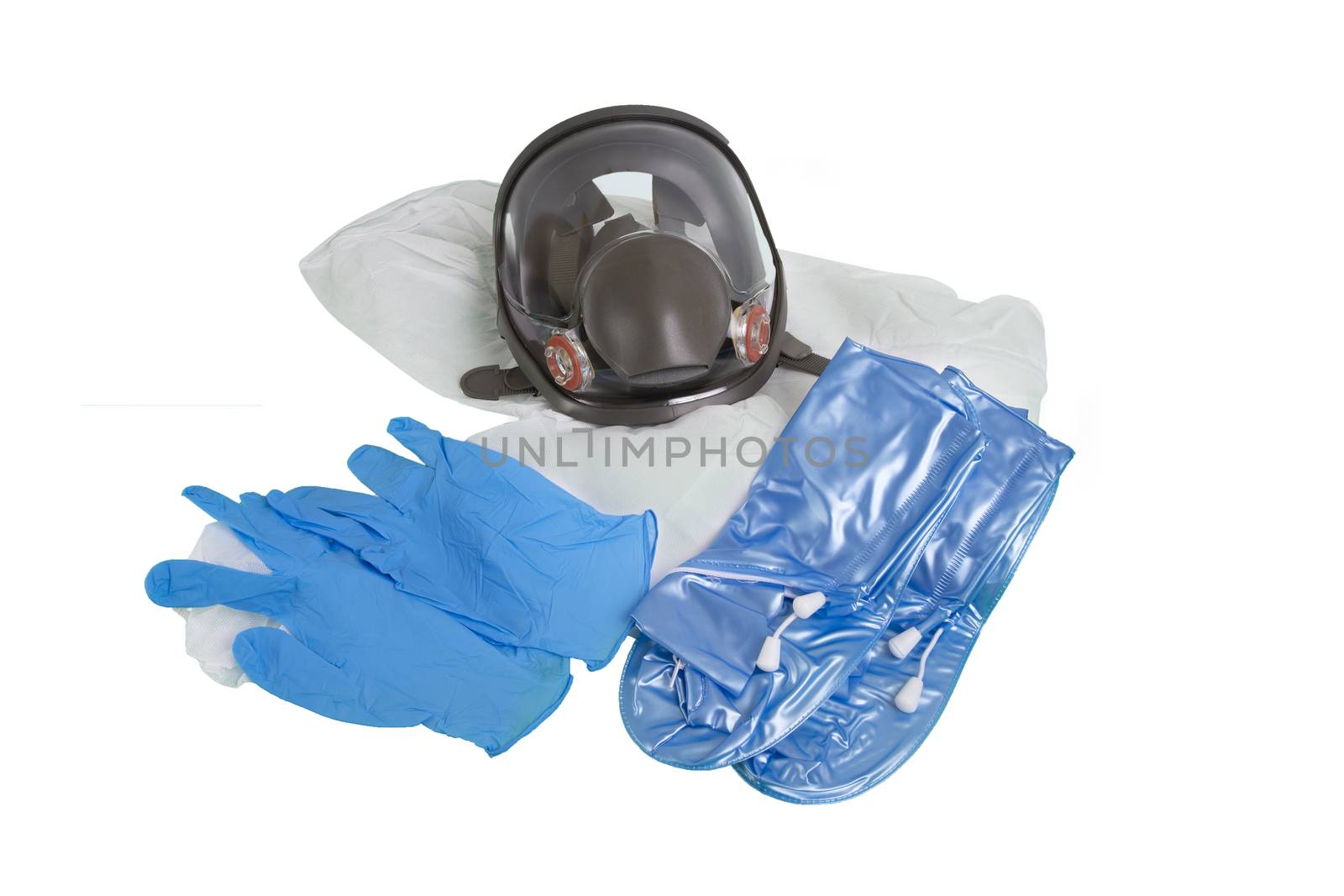 Full face gas mask, protective clothing, gloves and shoes for infection or air pollution protection on white background.
