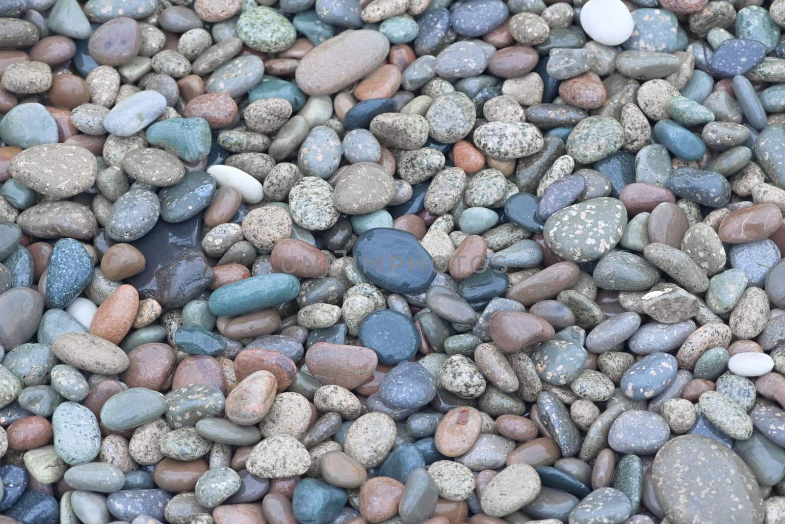 4 - Hundreds of bright wed red and blue colored pebbles create a simple and relaxing background. Smooth stones found on a beach.