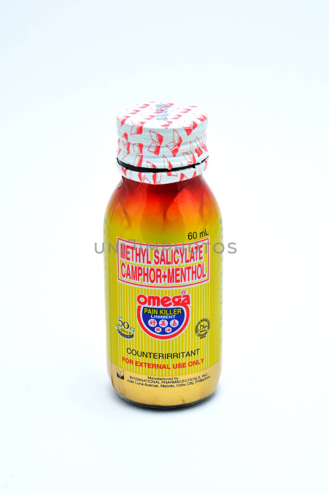 MANILA, PH - JULY 10 - Omega pain killer liniment bottle on July 10, 2020 in Manila, Philippines.