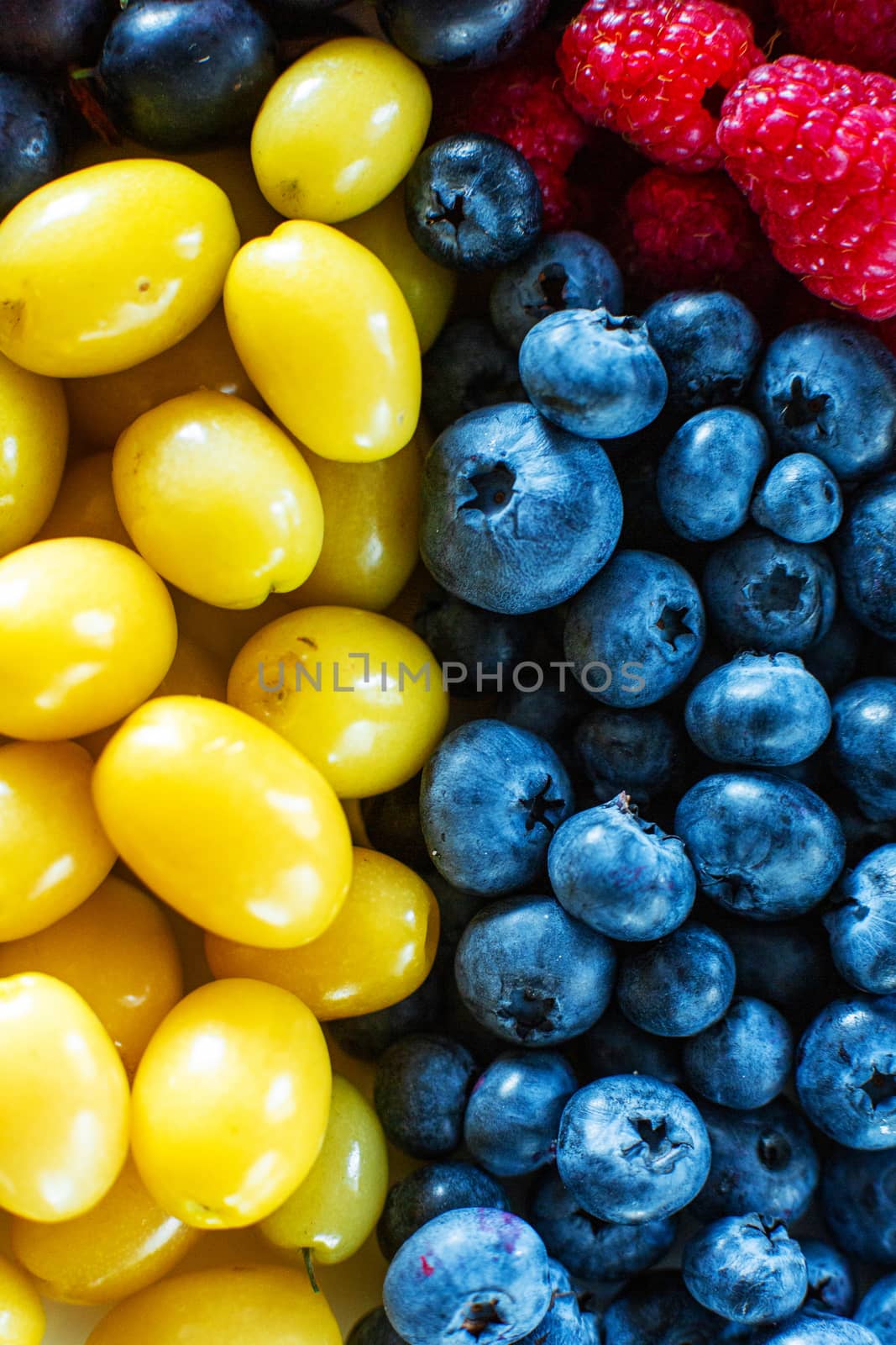 Mix of yellow and blue berries. Summer mick fruit. Berry layout.