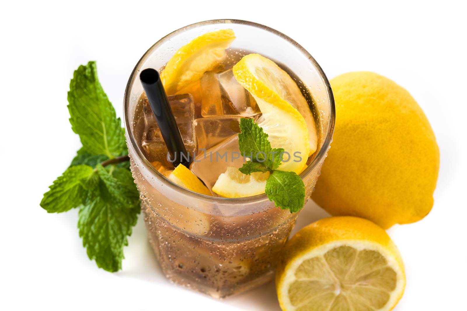 Iced tea drink with lemon in glass isolated on white background
