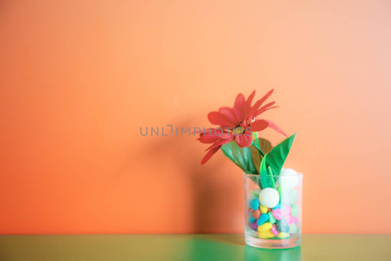 Flowers in a glass of water on wooden at wall.