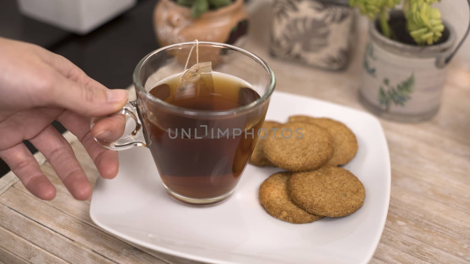 Relaxation concept: woman's hand takes a cup of tea from a plate with biscuits on a small table with candles little plants in bokeh effect by robbyfontanesi