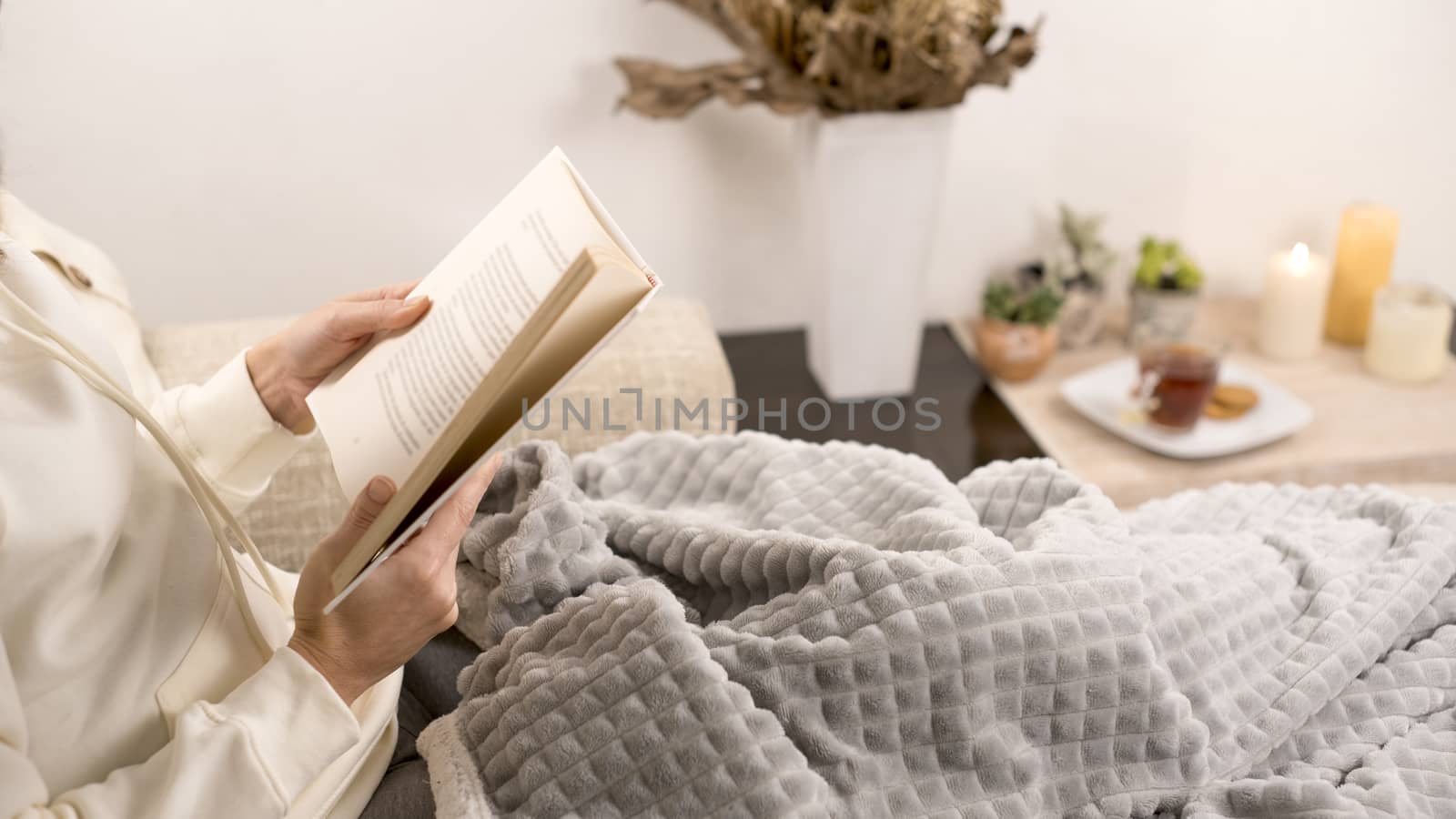 Relax concept: woman sitting on the sofa in a modern interior with a blanket on her legs reading a paper book holding it in her hand by robbyfontanesi