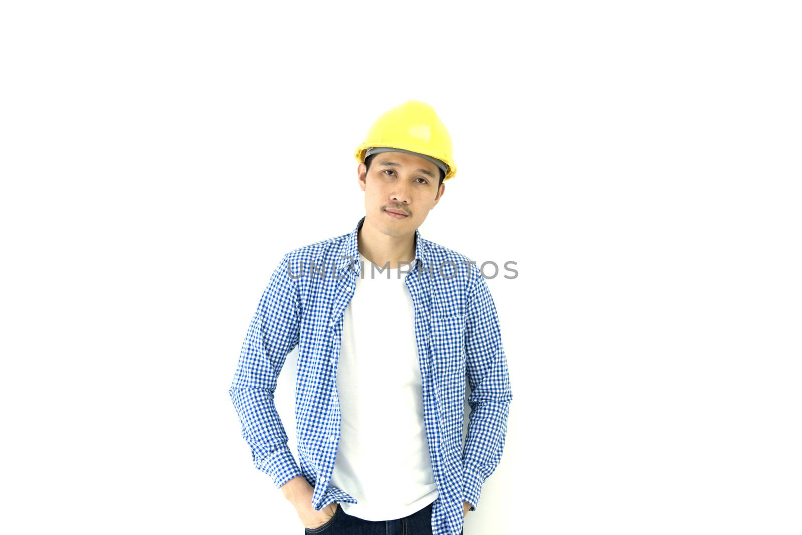 Business man engineer employee with blue scott shirt isolated on white background.