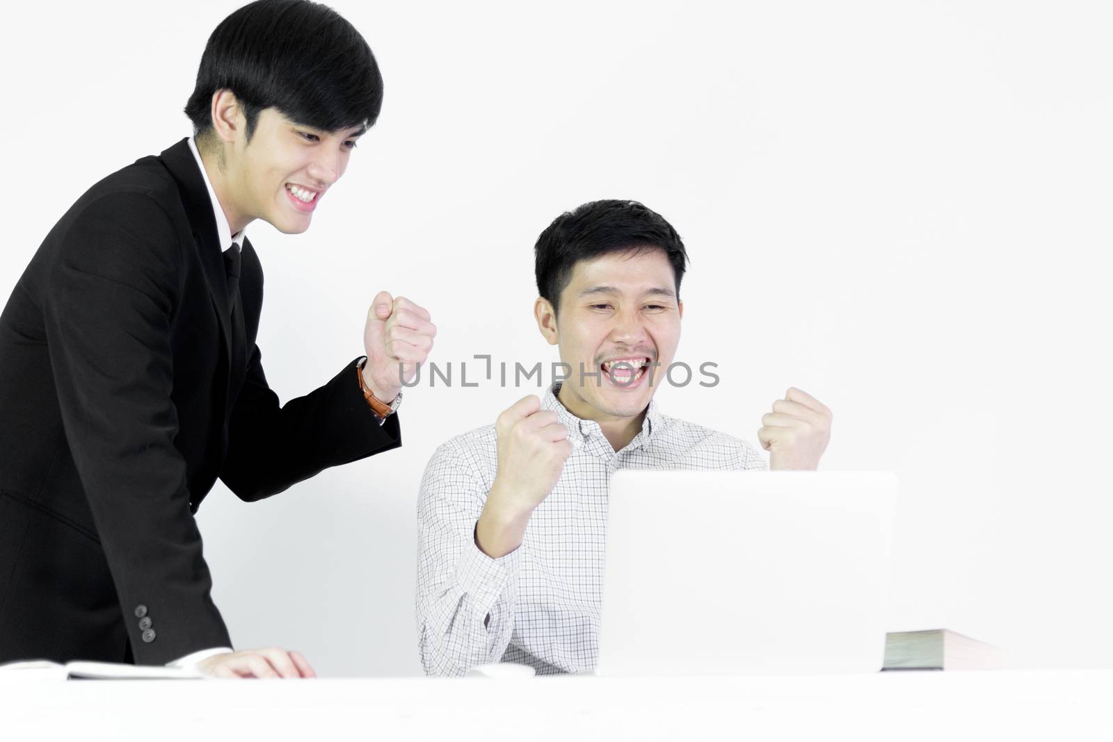 Asian manger businessman and employee salary man has working together with feeling happy and success, isolated on white background.