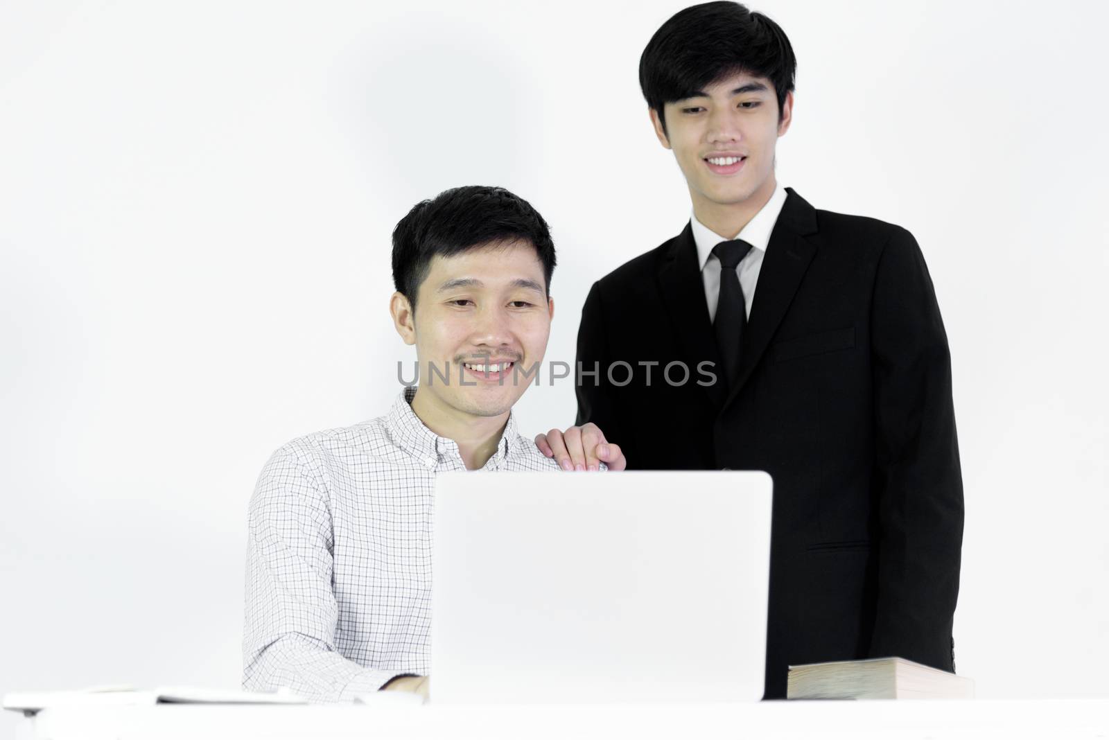 Asian manger businessman and employee salary man has working together with feeling happy and success, isolated on white background.