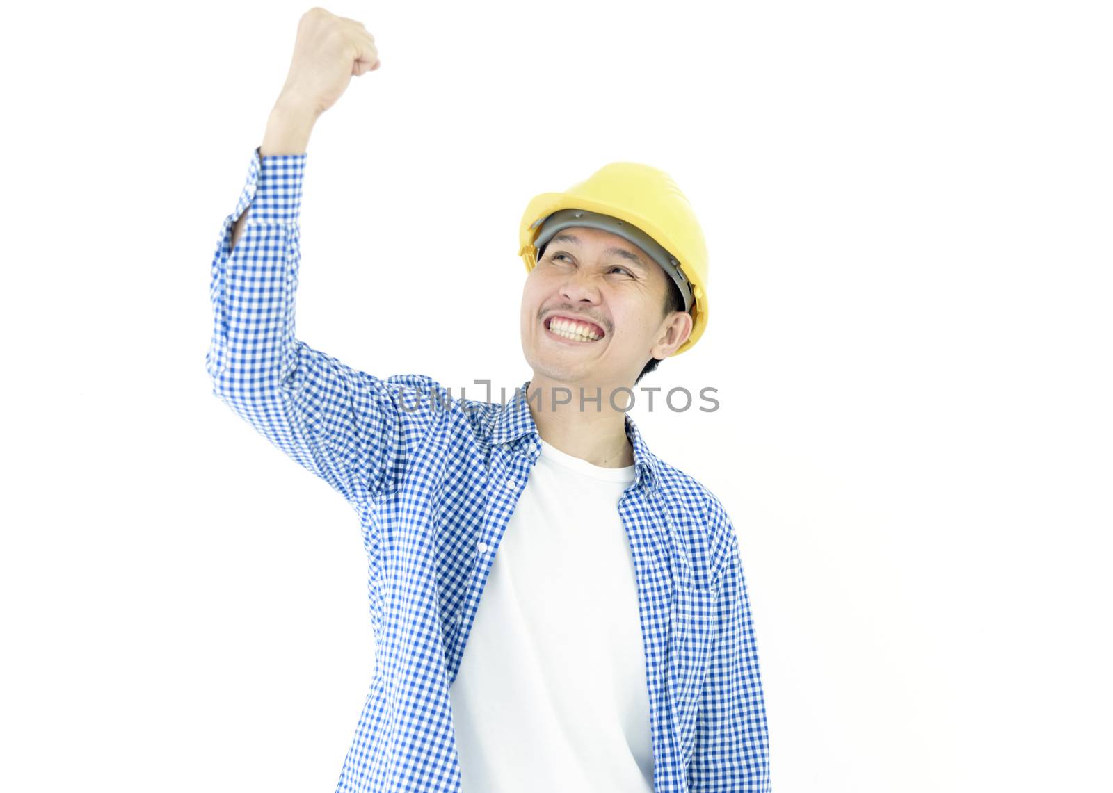 Business man engineer employee with blue scott shirt has feeling successful and victory isolated on white background.