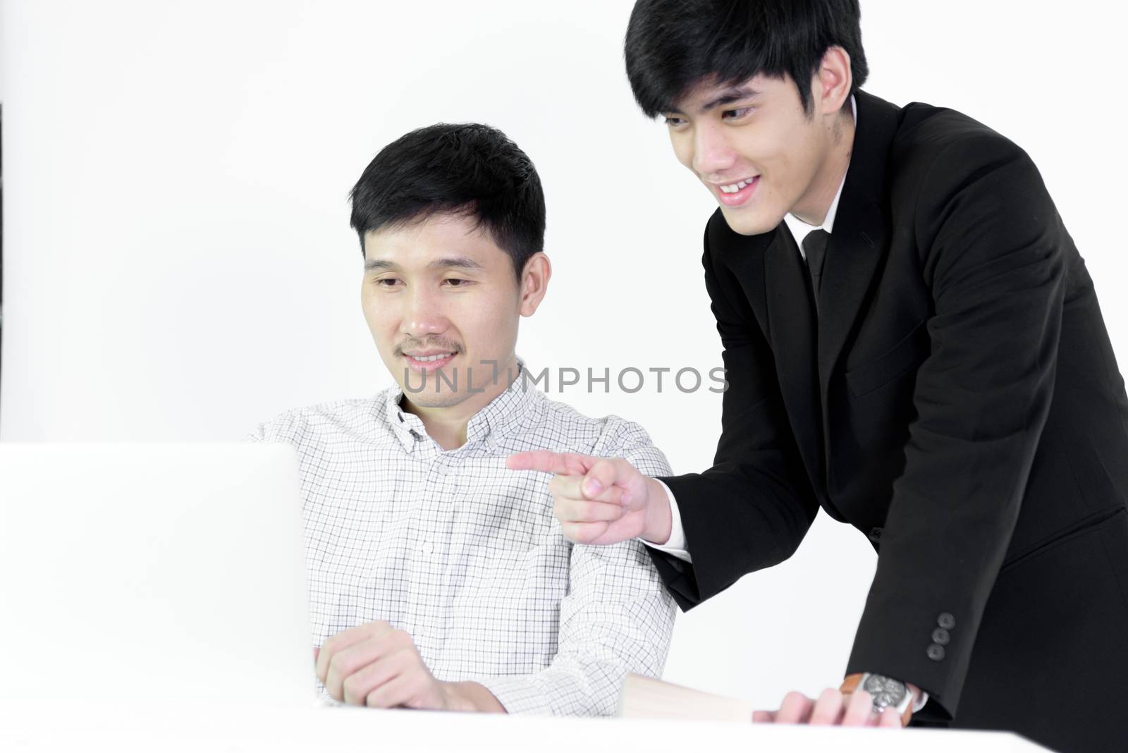 Asian manger businessman and employee salary man has working together with feeling happy and success, isolated on white background.