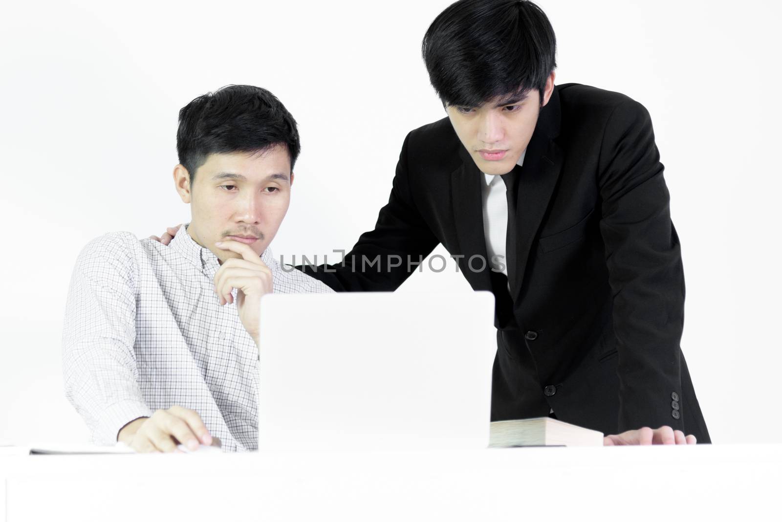 Asian manger businessman and employee salary man has working together with feeling happy and success, isolated on white background.