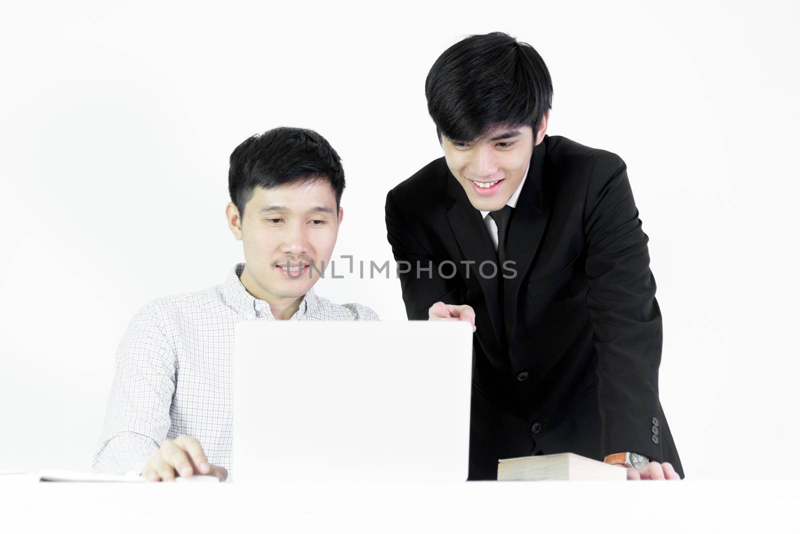 Asian manger businessman and employee salary man has working together with feeling happy and success, isolated on white background.