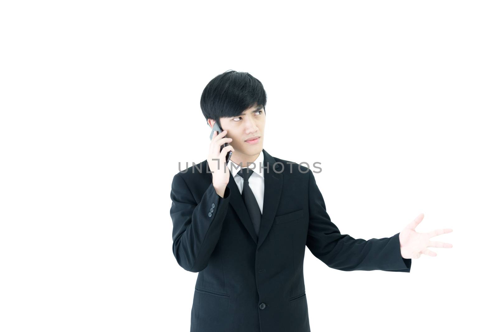 Asia businessman with black suit and black necktie has talking b by animagesdesign