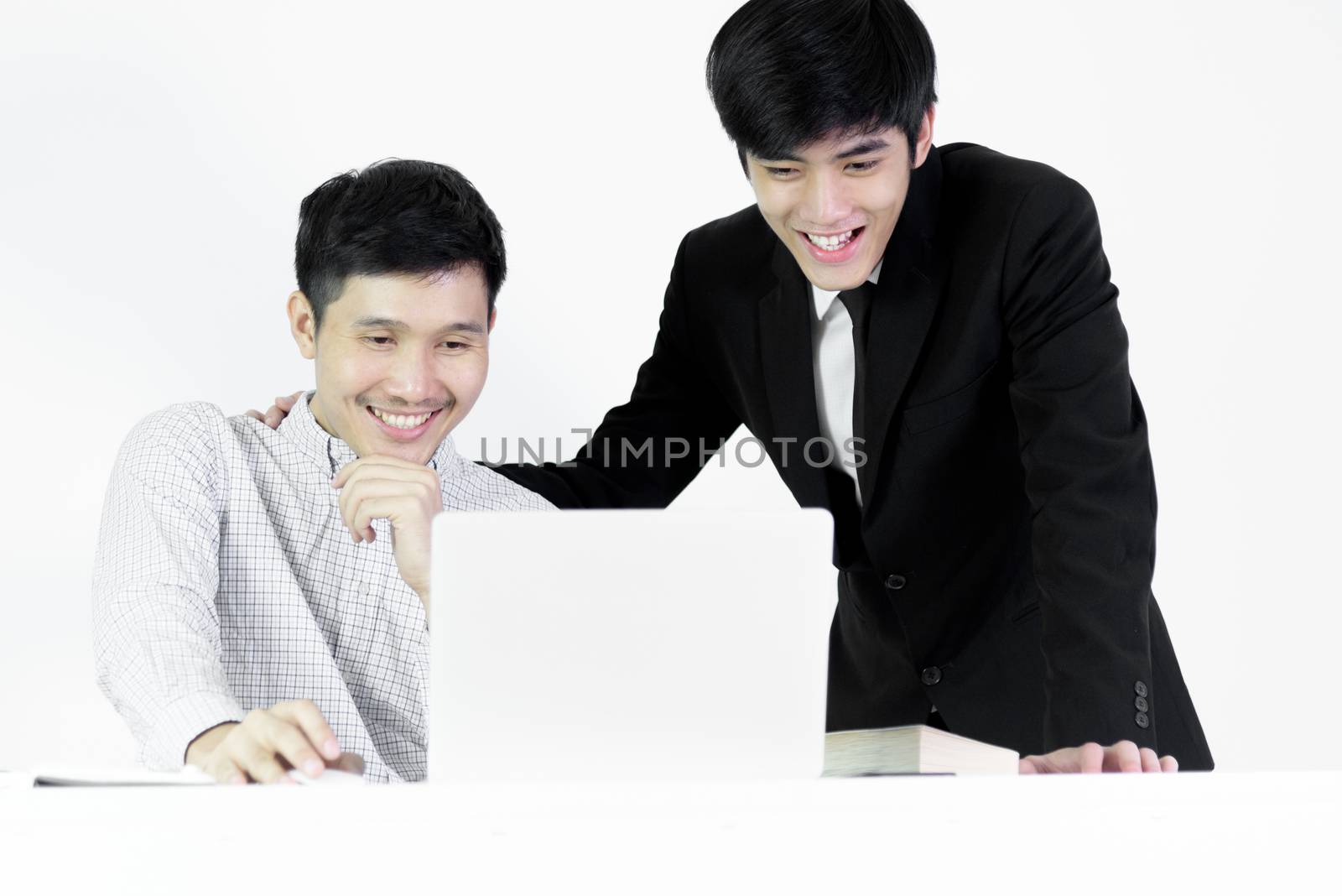 Asian manger businessman and employee salary man has working together with feeling happy and success, isolated on white background.