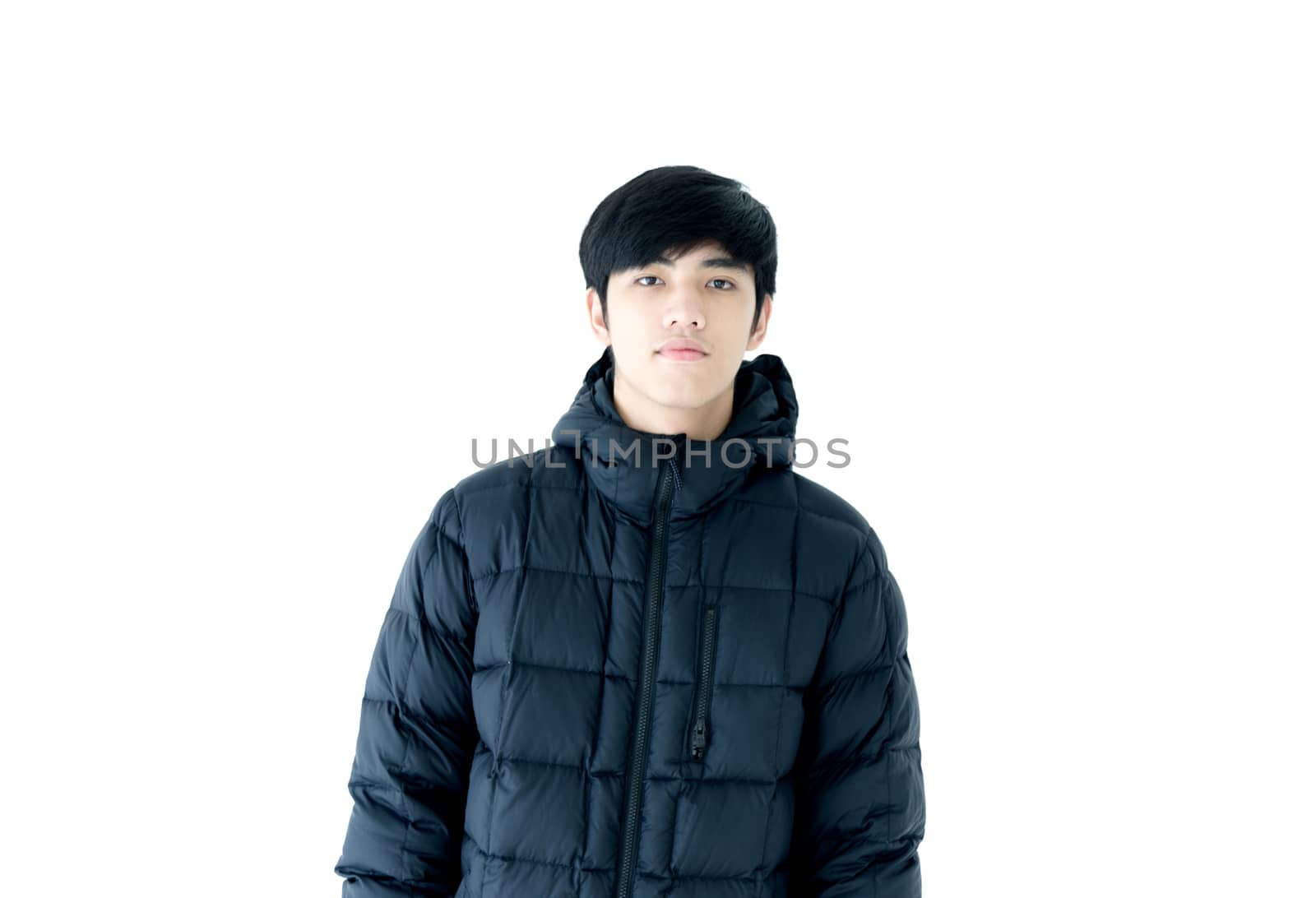 Handsome asian man dressed with winter clothing, isolated on whi by animagesdesign