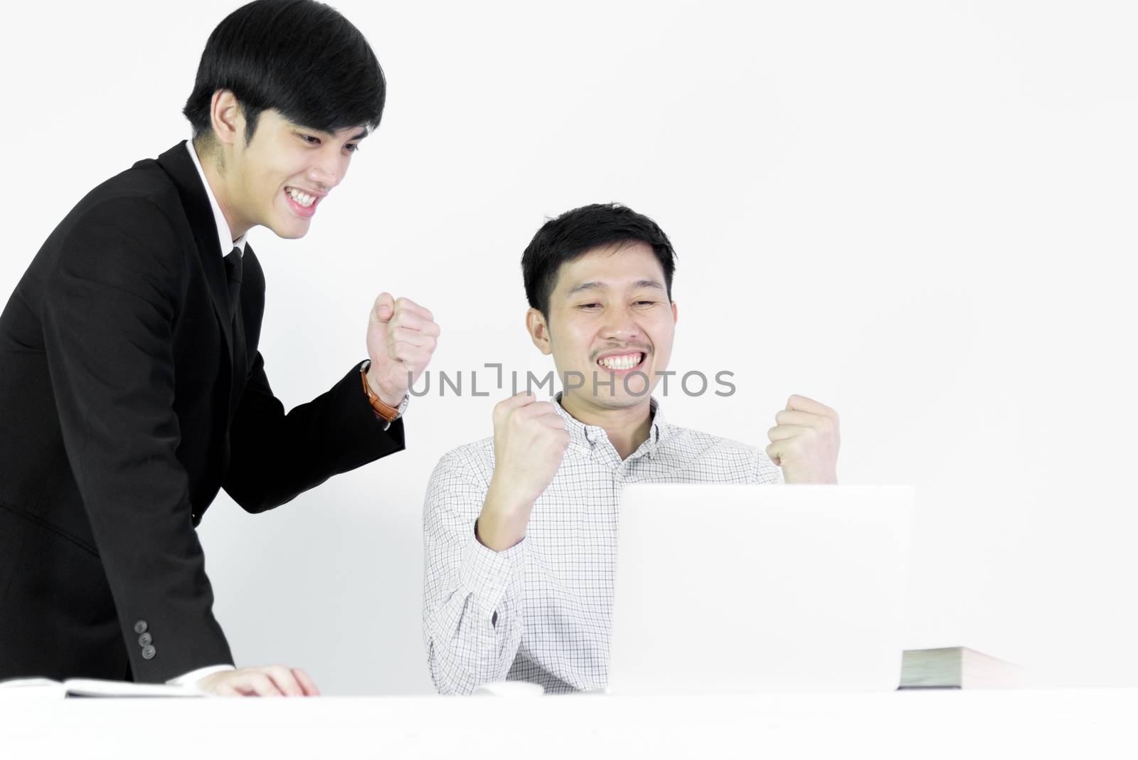 Asian manger businessman and employee salary man has working together with feeling happy and success, isolated on white background.