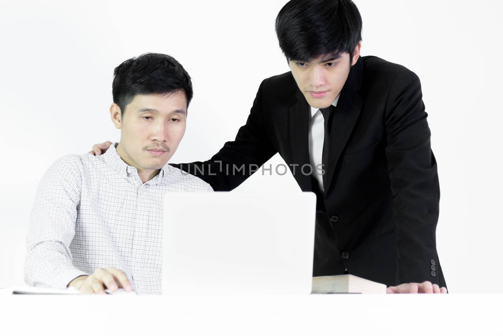 Asian manger businessman and employee salary man has working together with feeling happy and success, isolated on white background.