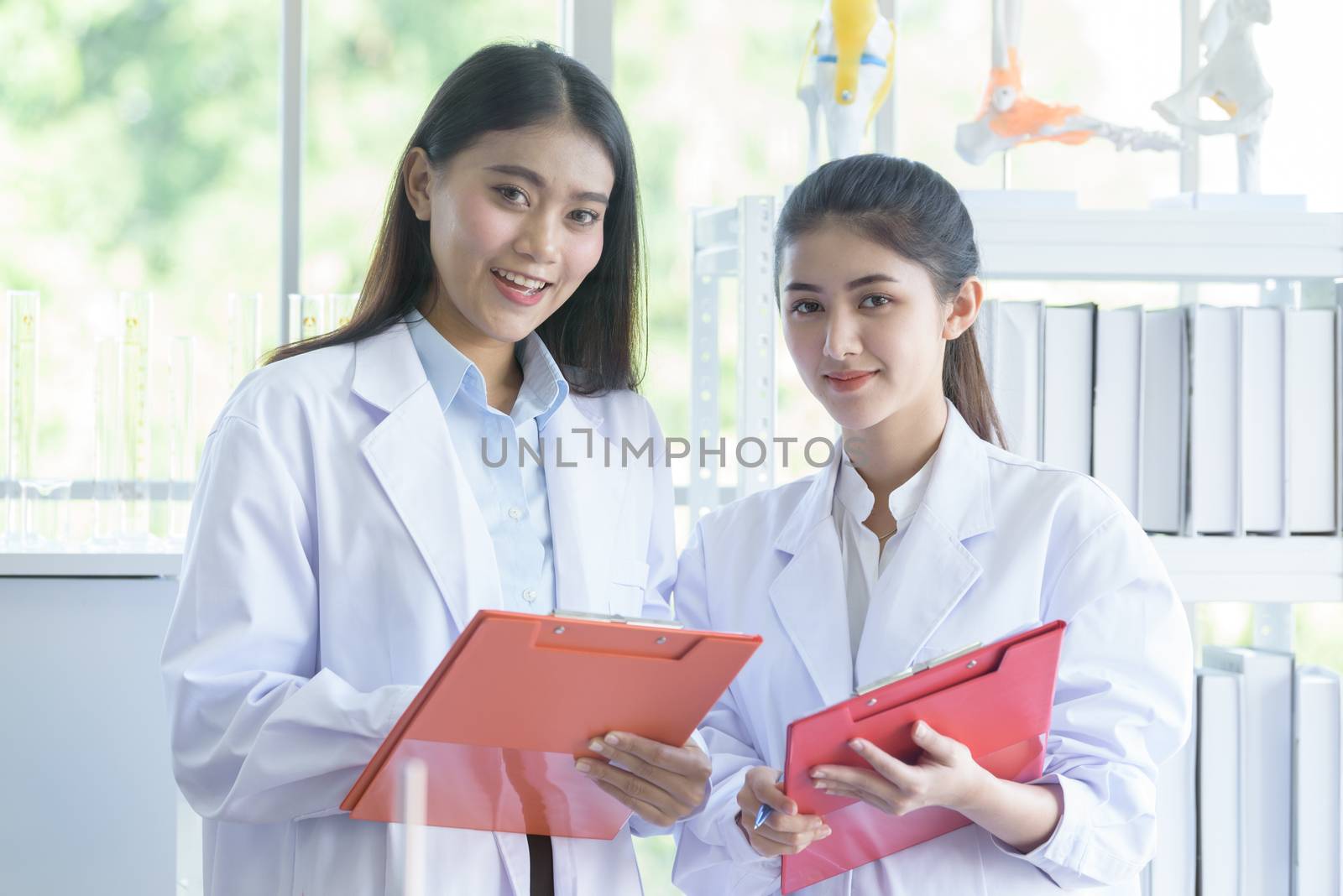 Asian young female working and research scientist together.