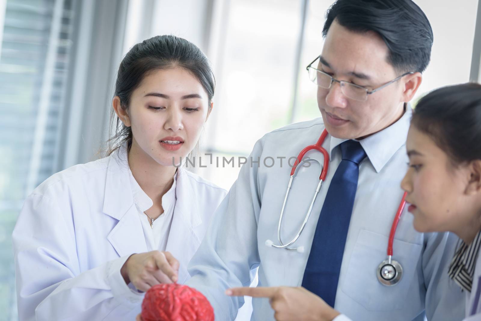 Asian teacher has teaching to student about science and anatomical in laboratory