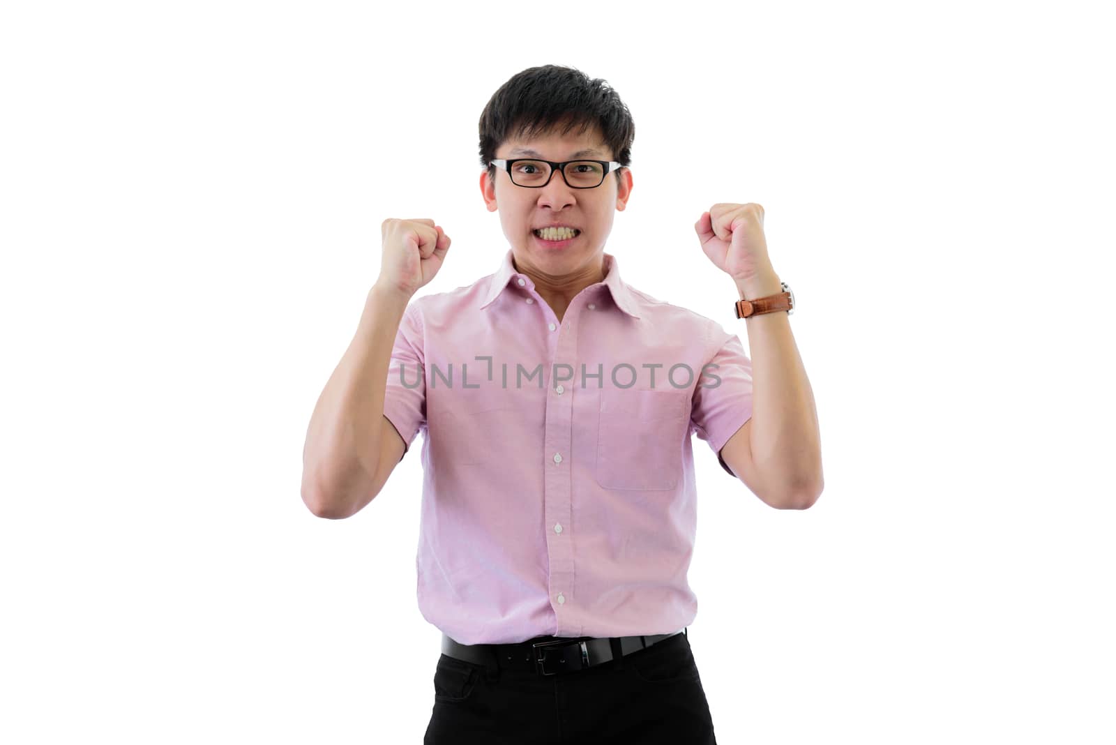 Asian young businessman has standing with upset on isolated on wihte background.