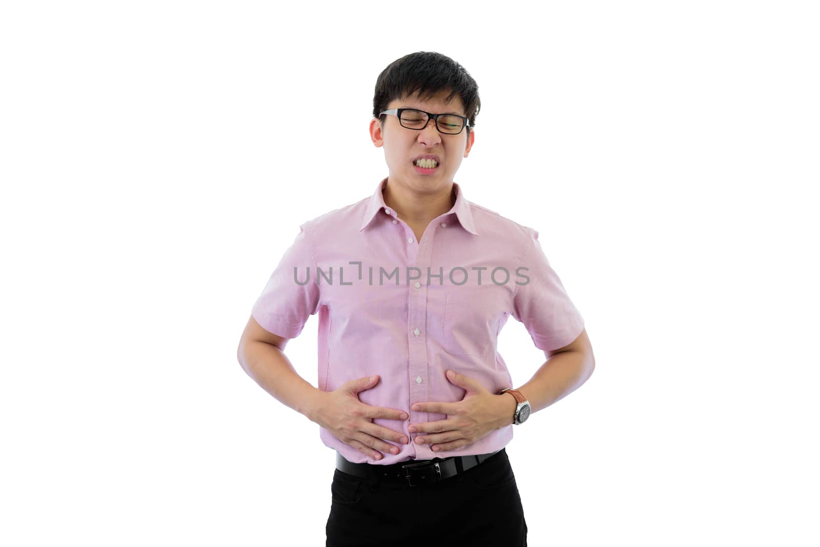 Asian young businessman has standing with stomachache on isolate by animagesdesign