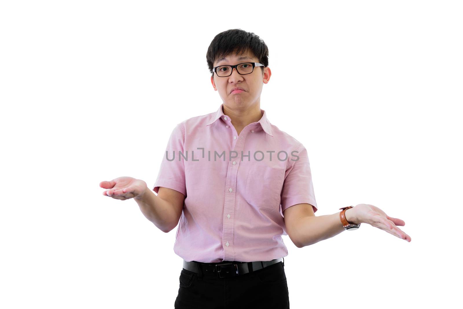 Asian young businessman has standing with puzzled on isolated on wihte background.