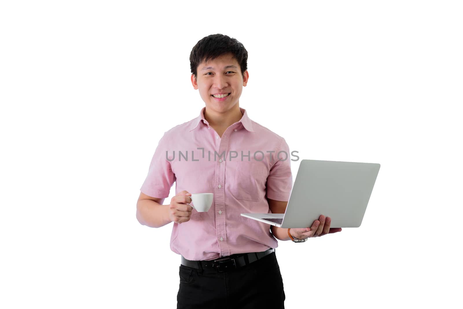 Asian young businessman has standing and working with a cup of coffee on isolated on wihte background.