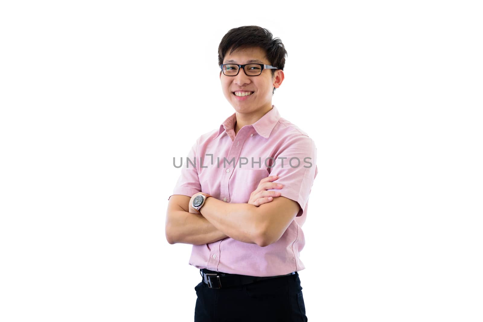 Asian young businessman has standing and arms crossed with happy on isolated on wihte background.