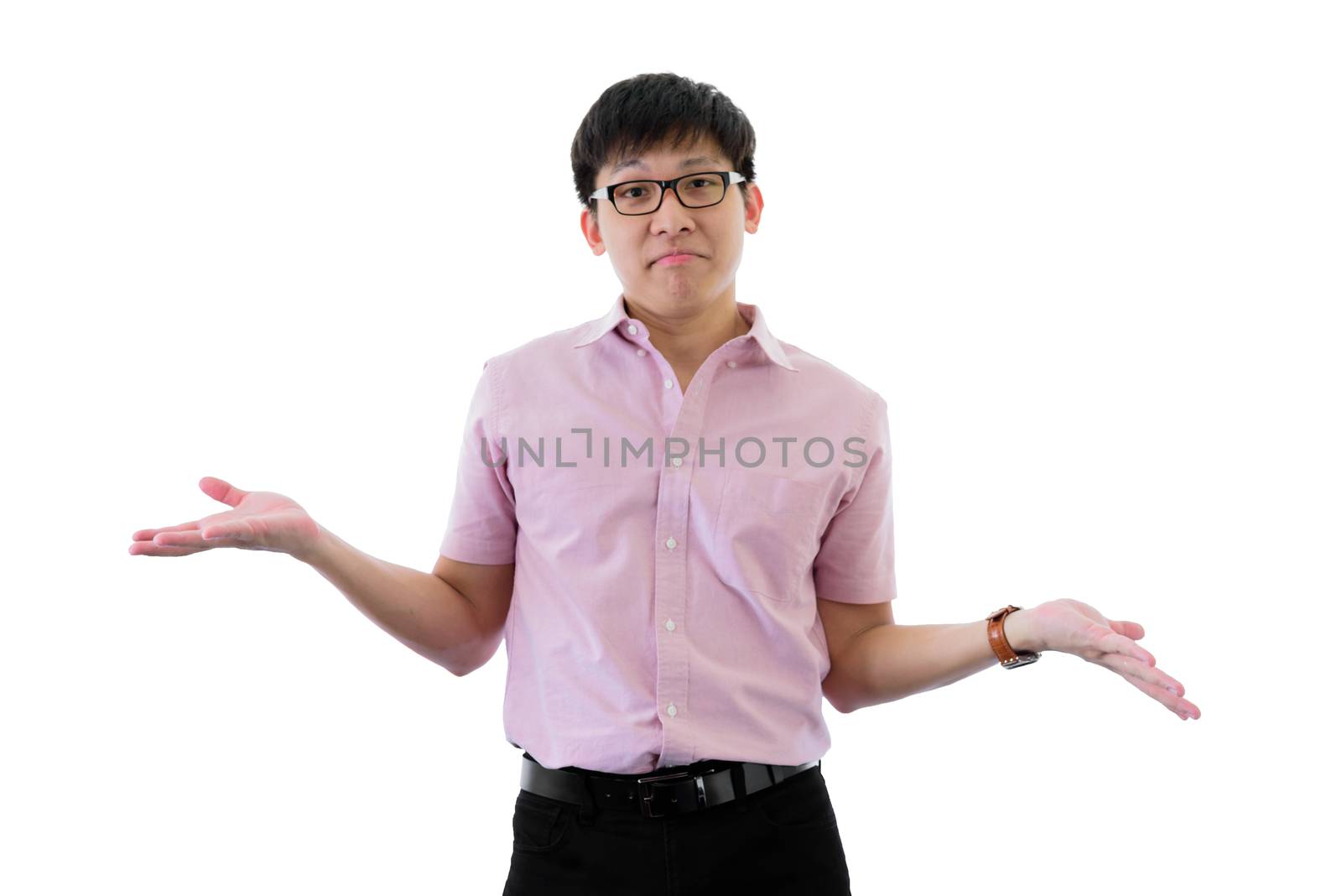 Asian young businessman has standing with puzzled on isolated on wihte background.