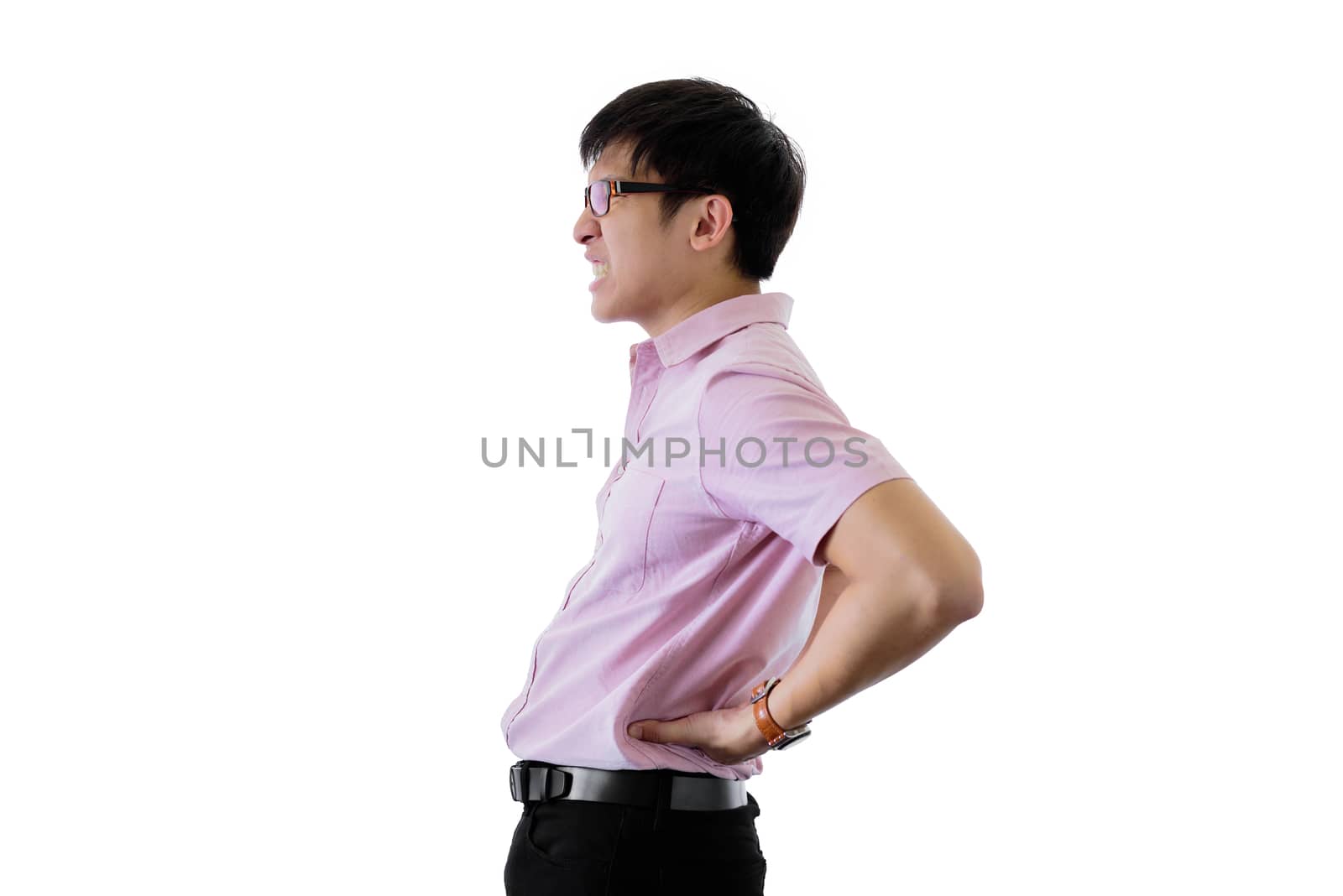 Asian young businessman has standing with backache on isolated on wihte background.